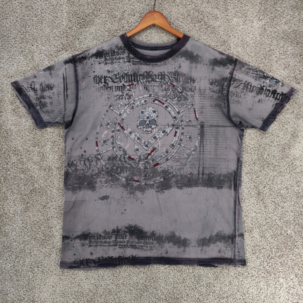 Affliction Shirt Mens 2XL XXL Gray Crewneck Skull Embroidered Short Sleeve